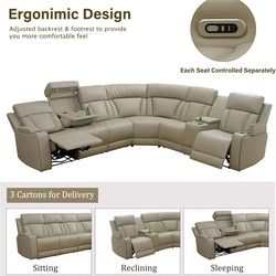 Power Recliner Sectional Sofa, Khaki Leather Reclining Couch Set with LED, L-Shaped Sectional Living Room Furniture with USB Port/Storage/Cup Holders 