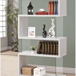 Modern 4 Shelf Asymmetrical Snaking S-Shape Bookcase in Glossy White and Glass