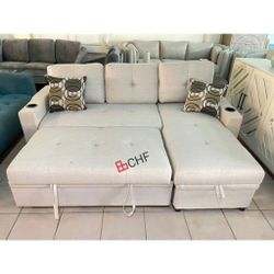 Sleeper Sectional Sofa With  Storage Chaise And Cupholder