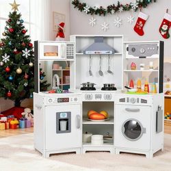 Wooden Corner Play Kitchen for Kids with Light & Sound, Toddler Kitchen Playset Interactive Cooking Toy with Ice Maker, Towel Rack
