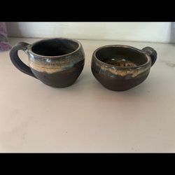Vintage stoneware cup mug jug dish set pair antique brown pottery home decor Drip  