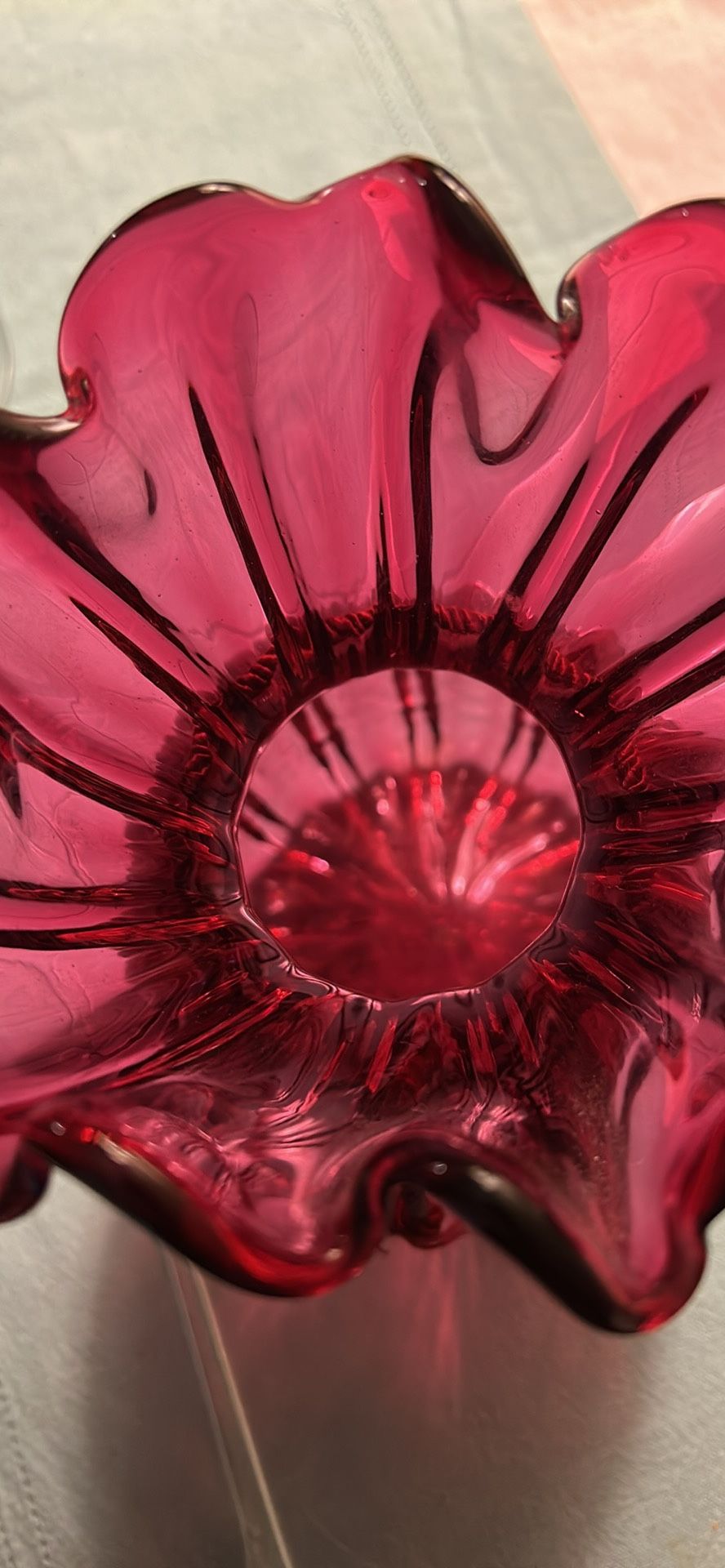 Cranberry glass vase- 8 3/4” tall