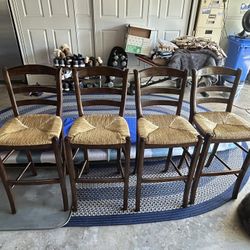Four (4) Barstool Counter Stool Chairs Wooden Woven Rattan Seat