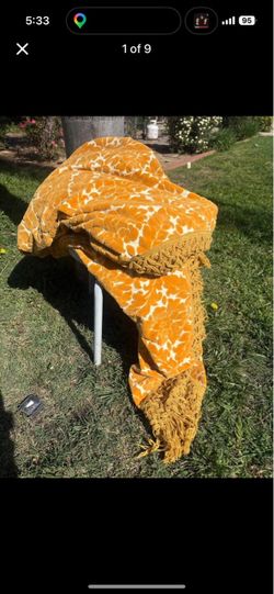 Mid Century, Hollywood Regency 1970’s Yellow Crushed Velvet Fringe Bedspread