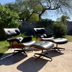 Mid Century Eames Style Lounge Chair in Real Leather and Walnut