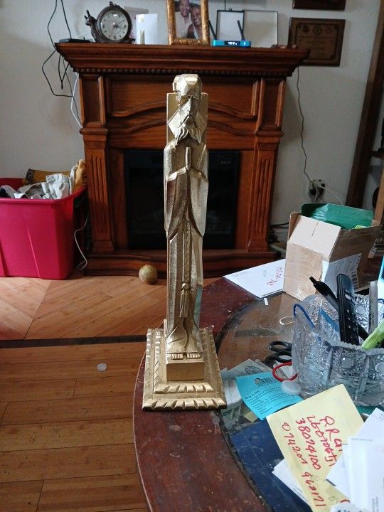 Mexican Hand Carved Gold Wood Priest Statue Fork Art