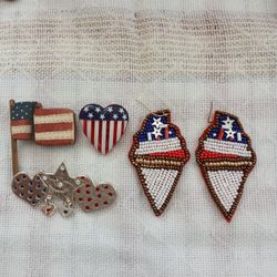 Patriotic 4th of July Red White and Blue Jewelry, Seed Bead Dangle Earrings, Vnt Flag, Vnt Heart Brooch, Heart Pin
