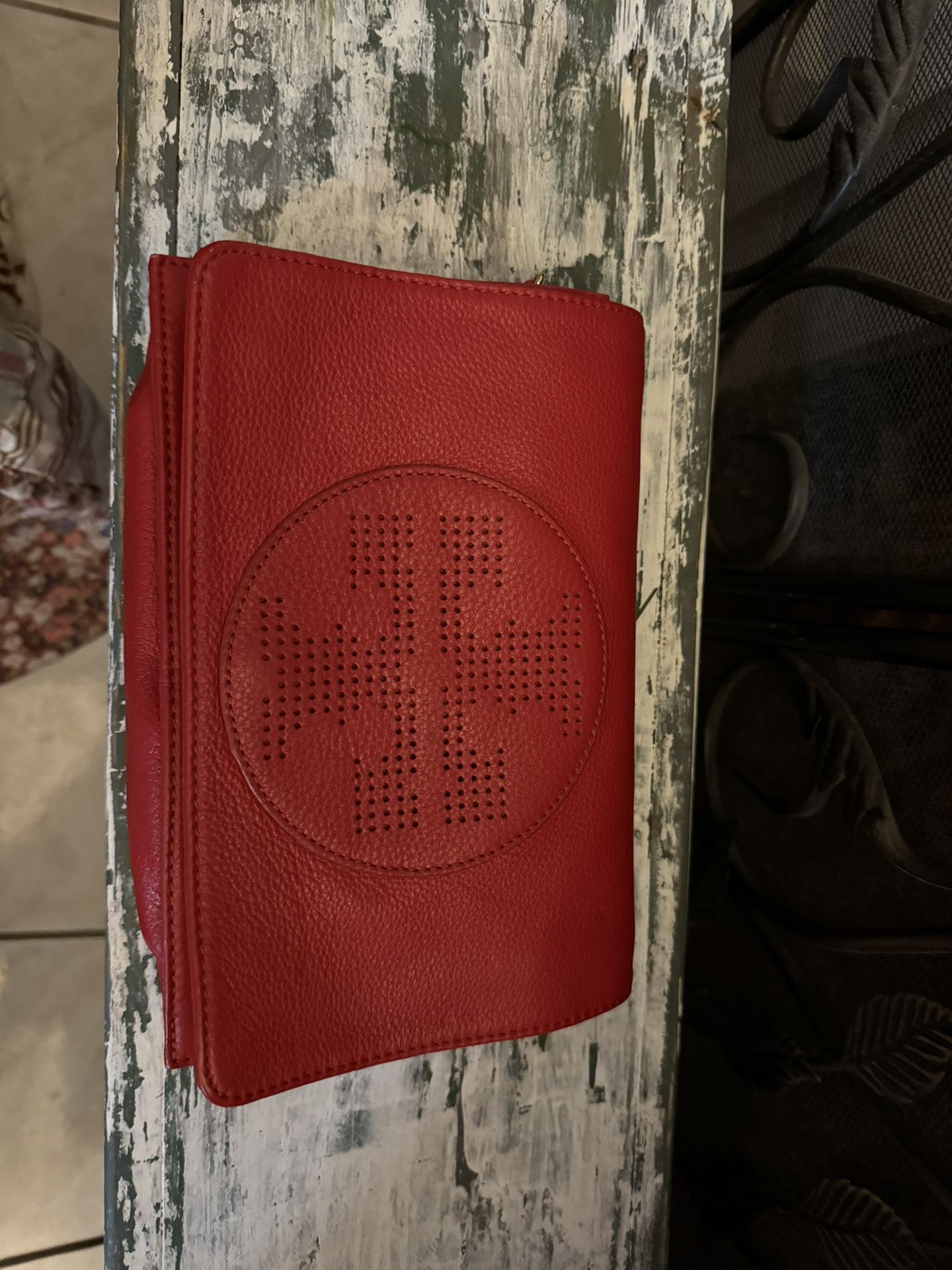 Tory Burch Red Leather Perforated Logo Fold Over Crossbody Bag like new smoke free