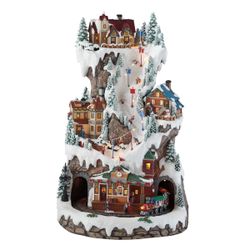 Moments in Time 20.5" Animated Tiered Ski Resort Mountain Vintage Train Station Moving Train