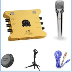 live streaming audio interface,live sound card,audio mixer with wired microphone,monitor earphone and metal desktop microphone stand
