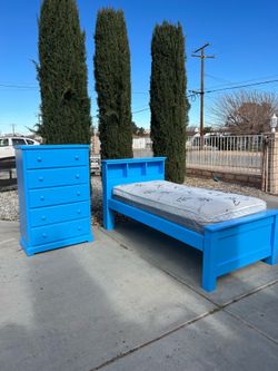 Blue Twin Bed W/ Mattress & Matching Chest!
