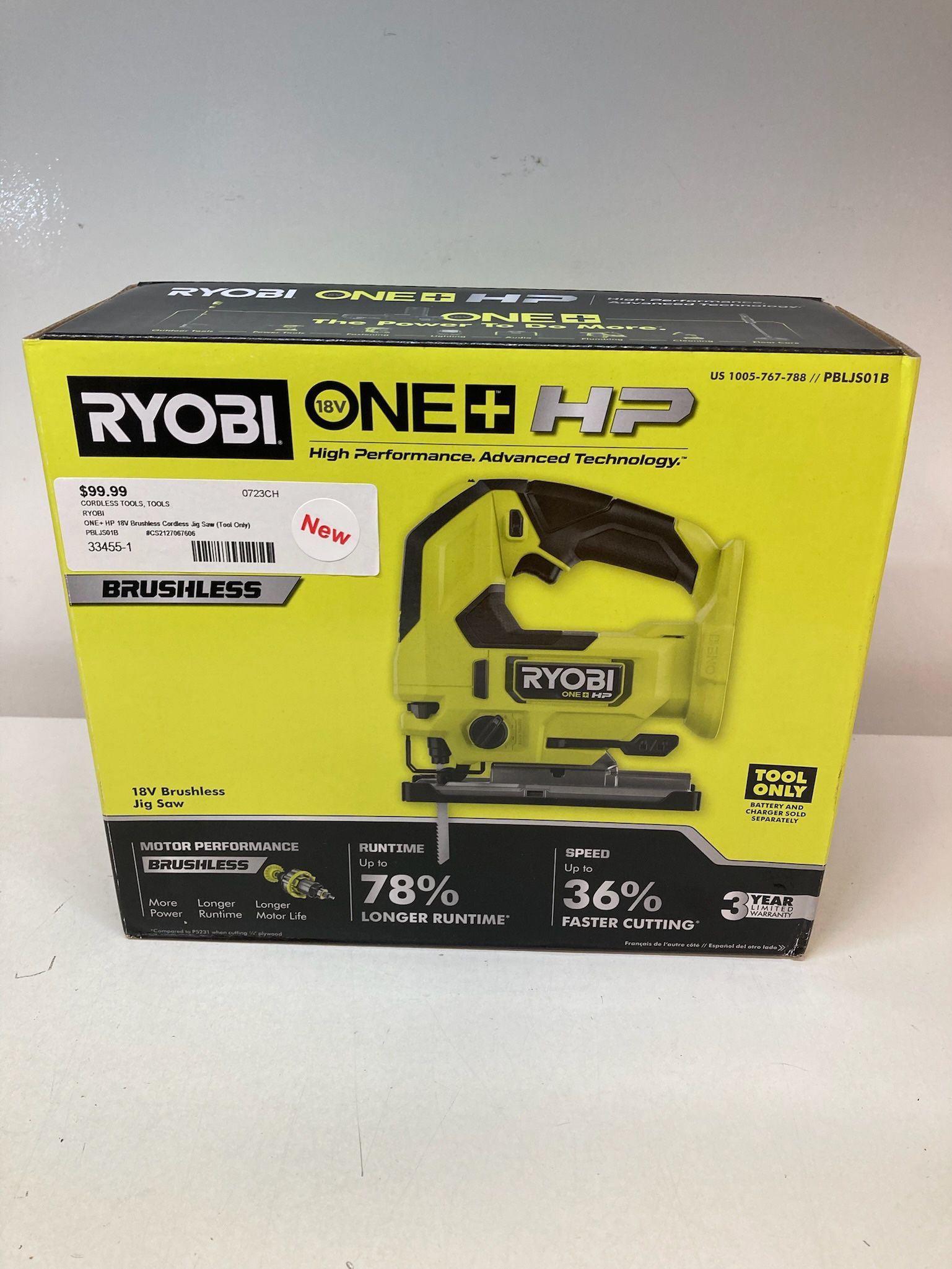 RYOBI PBLJS01B ONE+ HP 18V Brushless Cordless Jig Saw, Tool Only