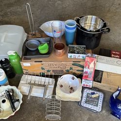 Assorted kitchen items - pots and pans, bowls, sushi accessories, baking supplies etc 