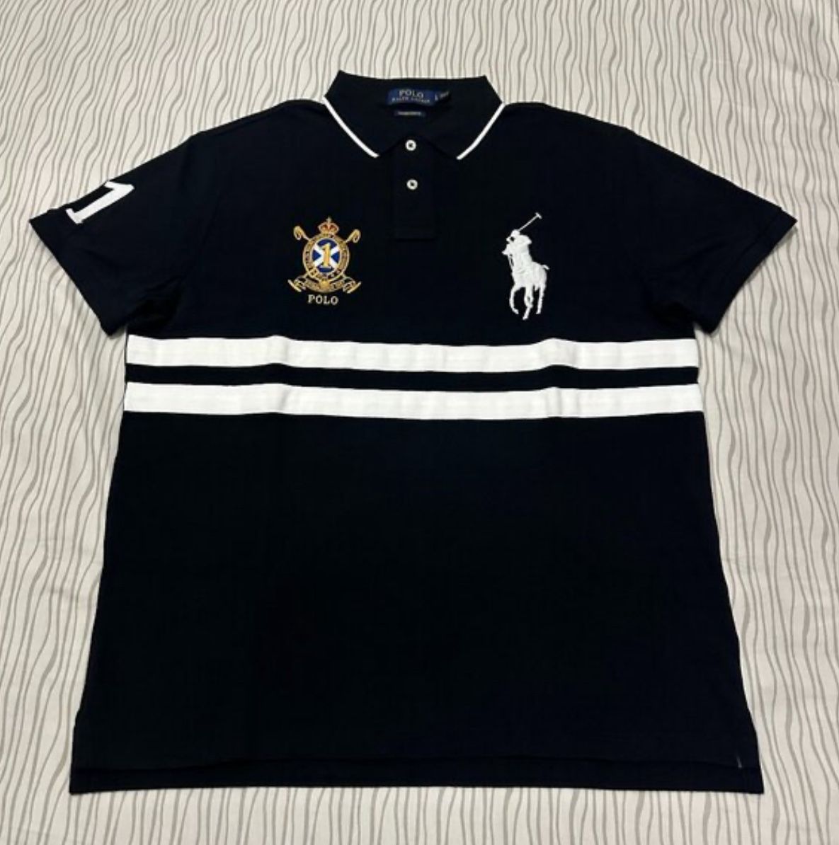Polo Ralph Lauren Golf Shirt BIG PONY Crest Stripes Black Pique Large