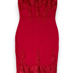 Haute Monde Dress L Red Bodycon Strapless Crochet Lace Design Cutout Knit