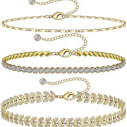 Gold Ankle Bracelets for Women 14k Gold Plated Anklet Silver Tennis Rose Quartz Cross Bead Herringbone Snake Paperclip Chain Cubic Zirconia Dainty Lay
