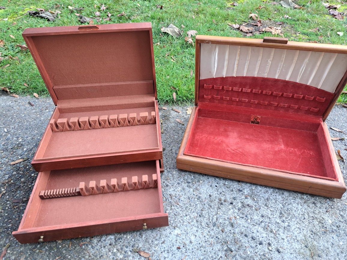 2 Antique Vintage Wood Silverware Box Case Decor Dinning Kitchen Art Crafts Storage Jewelry