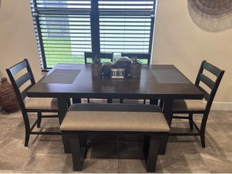 6-Piece Dark Wood Dining Set with Bench
