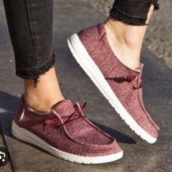 HEY DUDE Womens Burgundy Wendy Fabric Drawcord Casual Slip On Loafer Shoes
