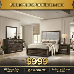 Dark Wood Bedroom Set with Upholstered Bed- shop now pay later