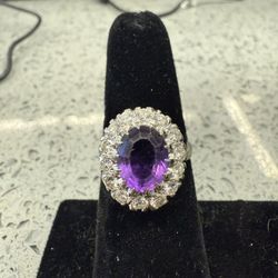 14KT White Gold Ring W/ Amethyst Stone & Natural Diamonds 40137-3