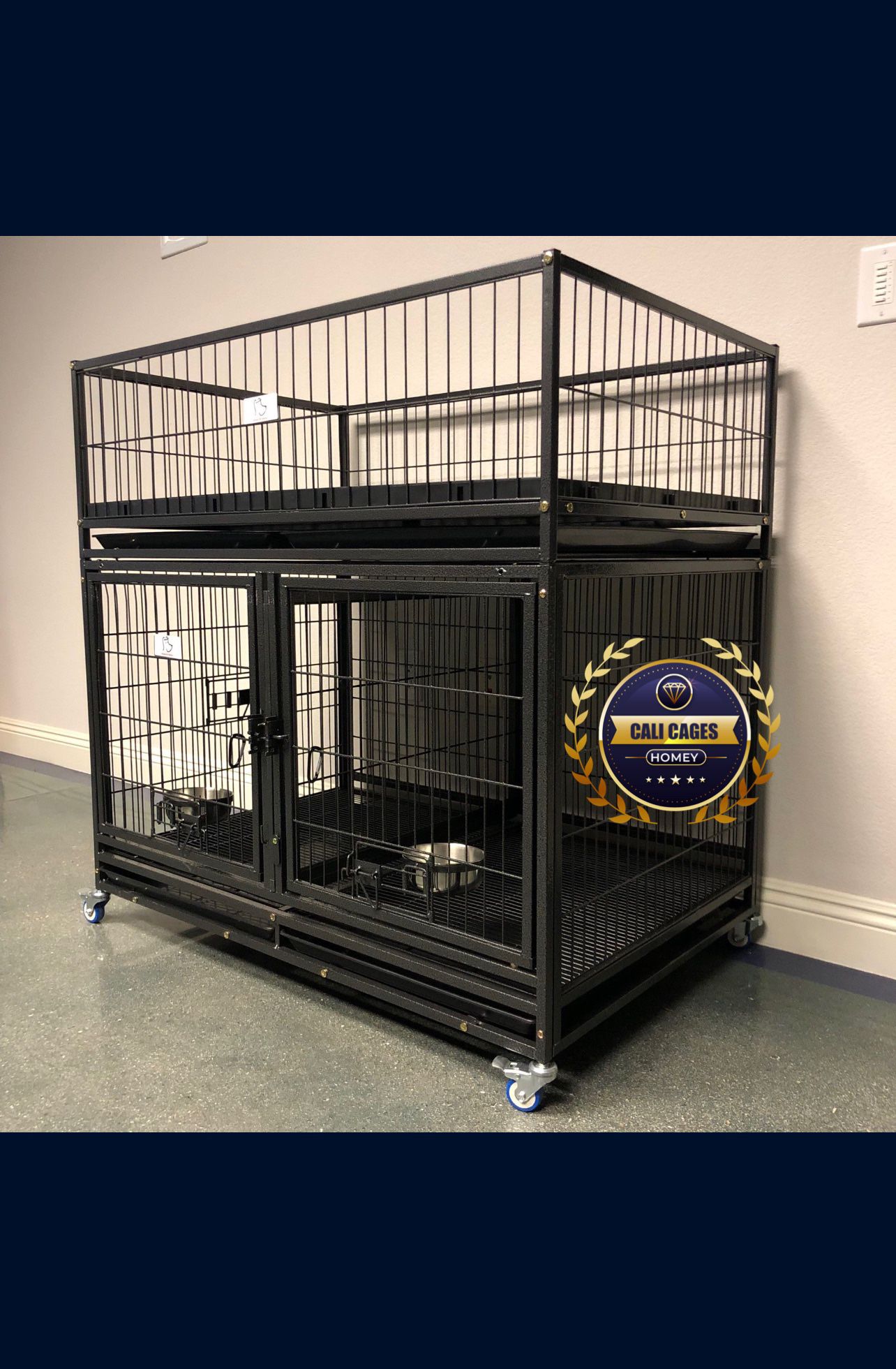 Dog Pet Cage Kennel Size 43” With Divider, Feeding Bowls, Trays And Whelping Top New In Box 📦 