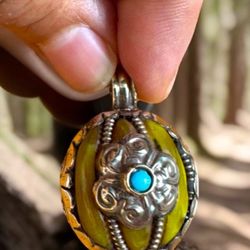Unique Ethnic Tibetan Amber Pendant With Auspicious Bird,Floral Carving Set In Silver 1.75”in & 21grams
