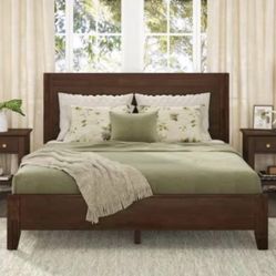 Lessie Dark Brown Mid-Century 13.7 in. Solid Wood Frame Queen Platform Bed with Wooden Slats, Headbo