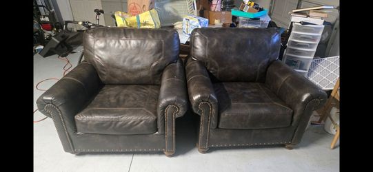 Pair of Dark Brown Leather Armchairs with Nailhead Trim