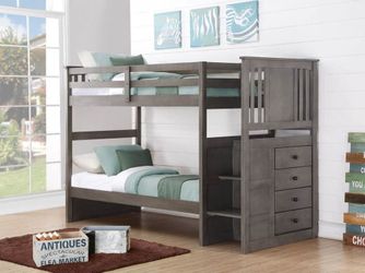 "Twin Over Twin (Gray) Bunk Bed with Staircase + Drawers Brand New in Box!
"
