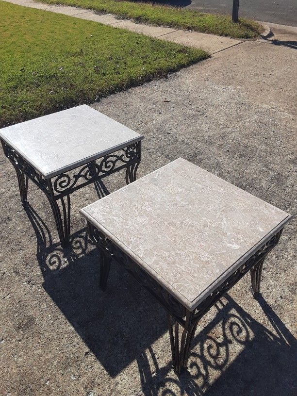 Vintage Wrought Iron Marble Cocktail Coffee Table With Matching Side Tables