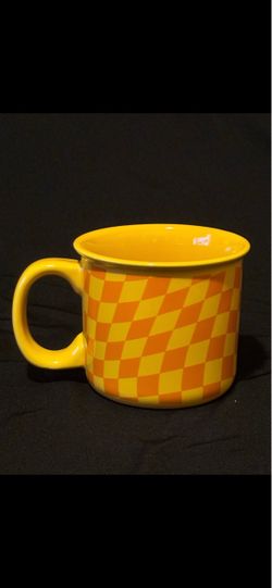 Clay Art Yellow and Orange Checker Mug. 300 mils, 3.25"x3.75".