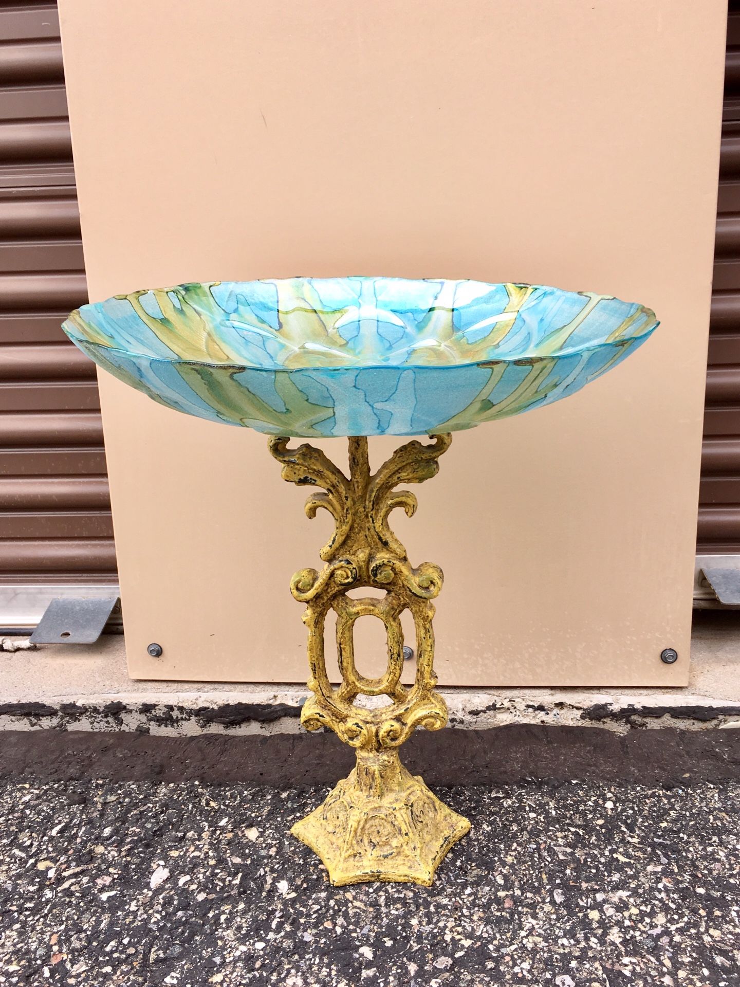 Bird bath or Feeder for your porch or patio. Greens,gold glitter glass Dish,heavy wrought iron Stand 18" h