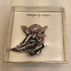 VTG Believe In Angels Green Guilloche Enamel Pewter Rhinestone Brooch Kmart NOS