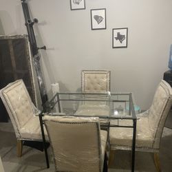Modern Glass Dining Table w/ 4 Upholstered Chairs
