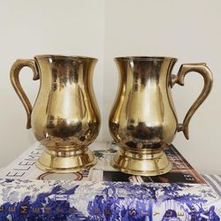 Vintage Brass Steins or Handled Vases — Pair