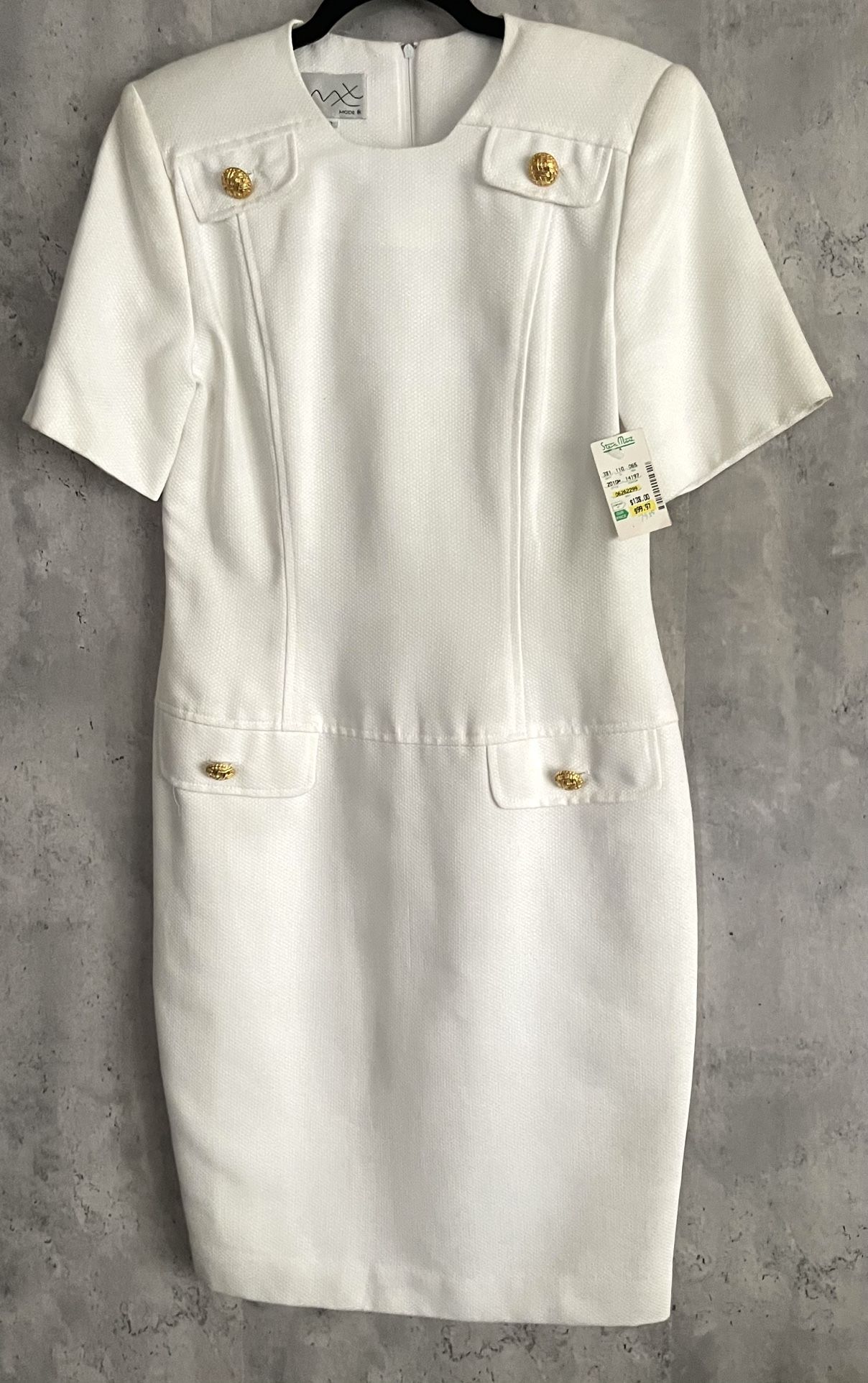 NWT's Vintage MODE White Cotton Gold Color Button Accents Sheath Lined Dress Sz6