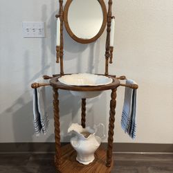 Antique Victorian Washstand with Basin & Pitcher Set