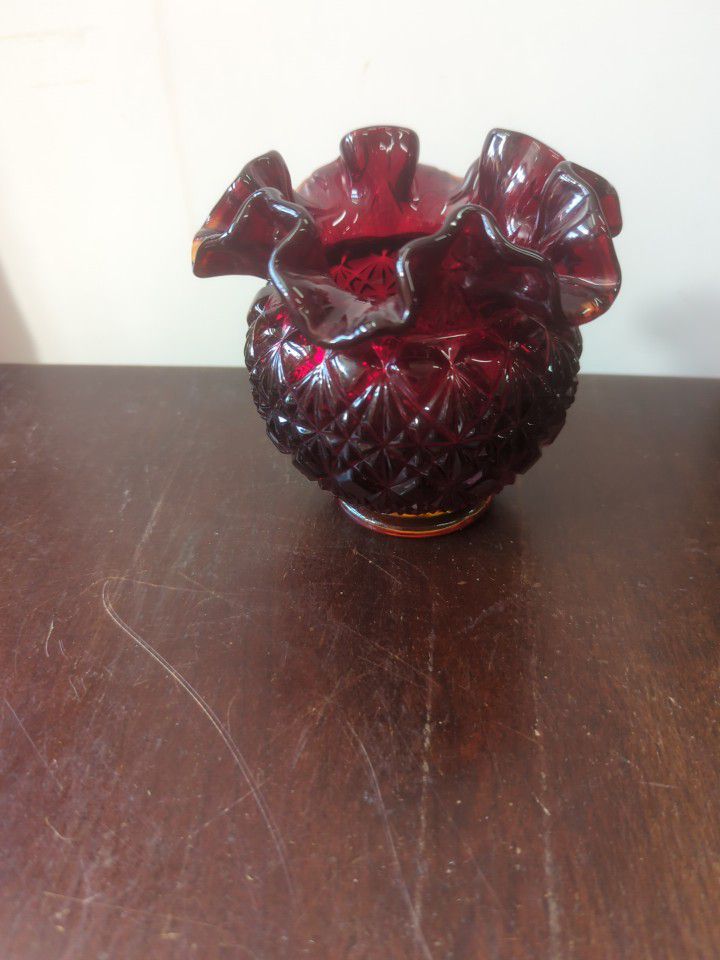 Vintage Ruby Red Fenton Rose Bowl Flower Vase 