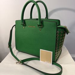 Michael Kors RARE Green Selma Saffiano Leather  Gold Grommet Satchel Handbag