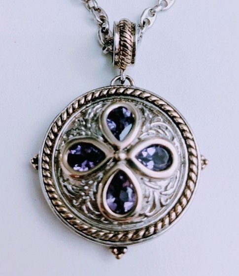 Stunning Amethyst Medallion Pendant Necklace Solid Sterling Silver With 14K Gold Accents 