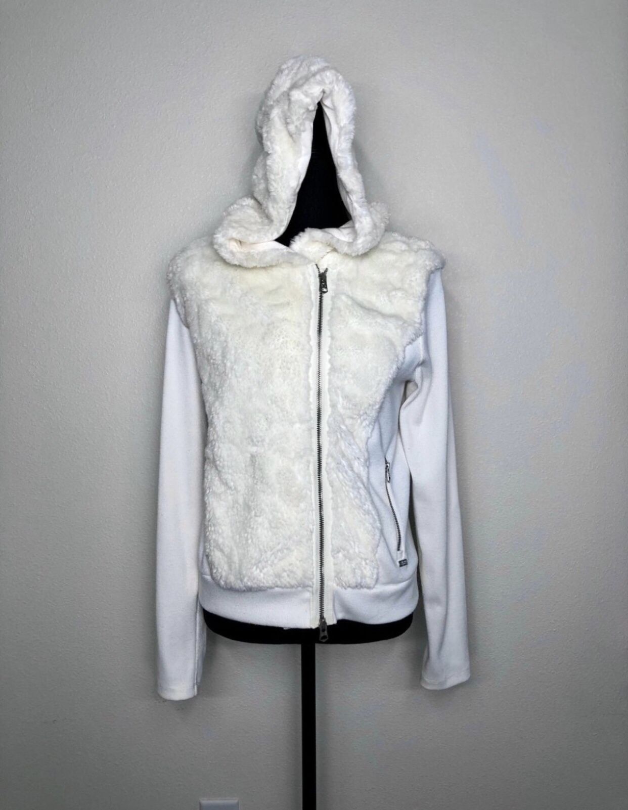 Armani Exchange Ivory Faux Fur Hoodie Jacket