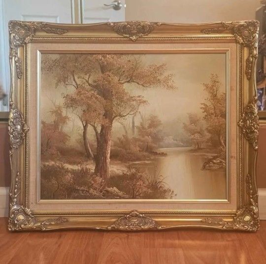 ORIGINAL CARTER OIL ON CANVAS PAINTING WITH FRAME AUTUM LAKE W/ TREES