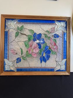 Title: Large Framed Stained Glass Floral Panel 32” x 25”