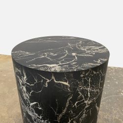 22” Black Wood Side Table with Marble Finish – Modern Cylinder Pedestal Accent Table