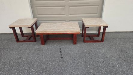 Real Stone Coffee Table Set - 3 Pieces - Marble Top - Solid Wood