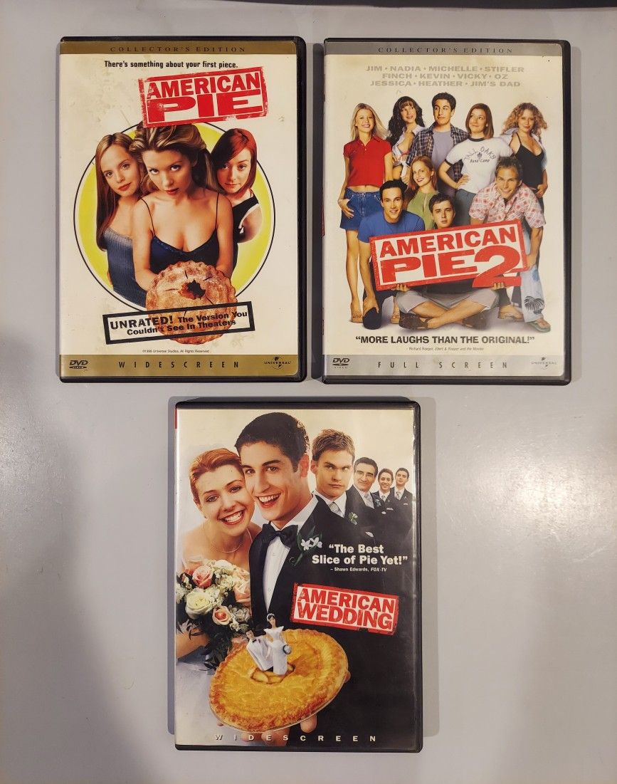 SET OF 3 DVDS AMERICAN PIE, AMERICAN PIE 2, & AMERICAN WEDDING & FREE DVD COPY OF AMERICAN REUNION