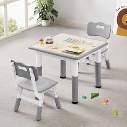 NEW-Kids Table & Chairs Set (2 Chairs) Height Adjustable for Ages 2-8 | Non-Slip Toddler Activity Table with Wipe-Clean Desktop, Montessori Learning &