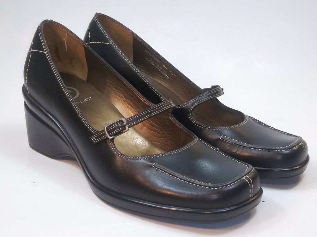 ROCKPORT Women's Shoes Black Leather Mary Jane Wedge Heels Size US 8M Msrp $100