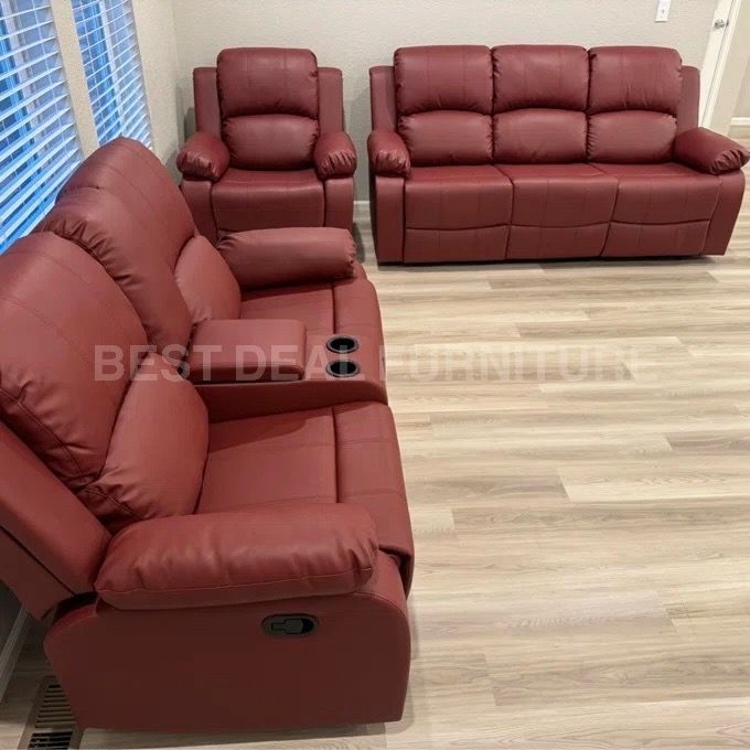 Red faux leather Reclining Couch 3-Pc Set — Sofa • Loveseat • Chair